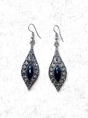 Midnight Noir Vintage Marcasite Shield Earrings - Black Teardrop - Goth